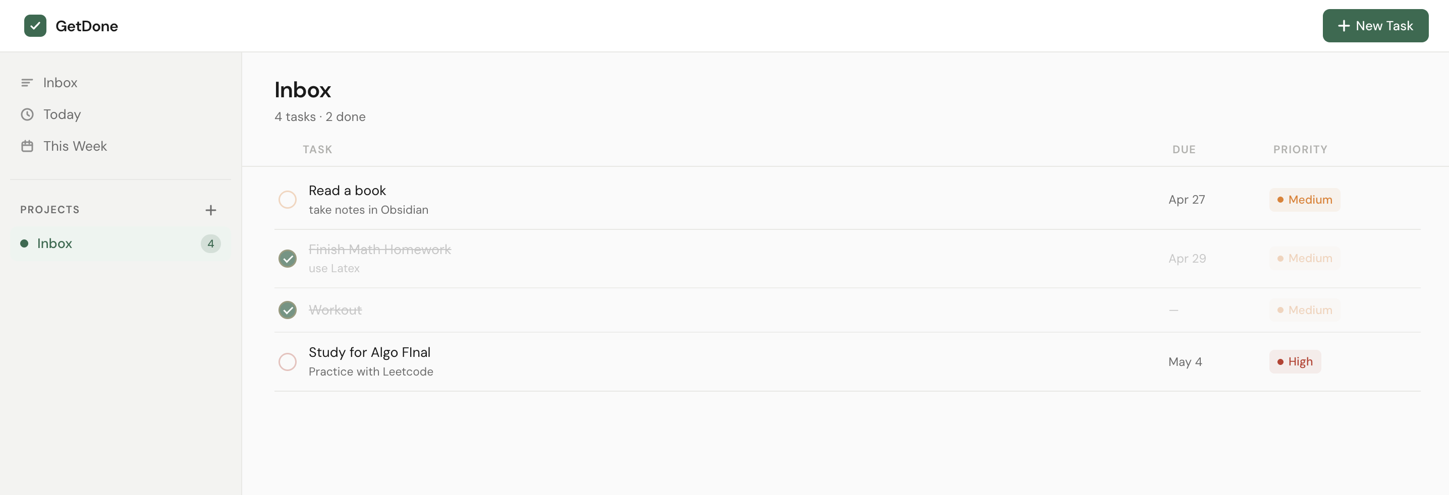 GetDone task manager showing the inbox, priorities, and due dates